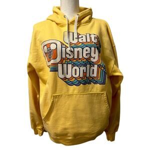 Walt Disney World Retro Rainbow Logo Yellow Hoodie Unisex Large Pullover